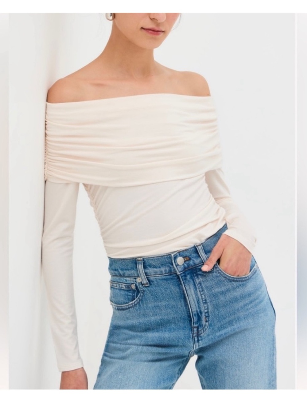 Reformation Off-Shoulder Long Sleeve Tunic in Cream